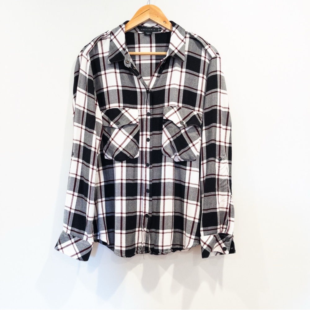 Sanctuary Plaid Black White Boyfriend Shirt Roll Tab Button Down Medium